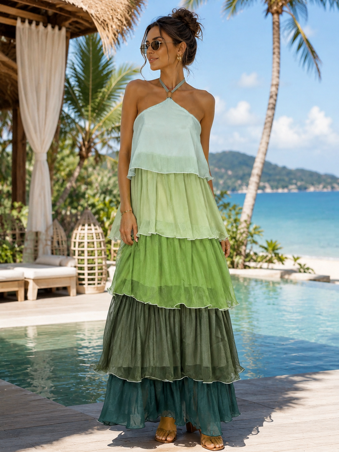 Women's Halter-neck Tiered Maxi Dress