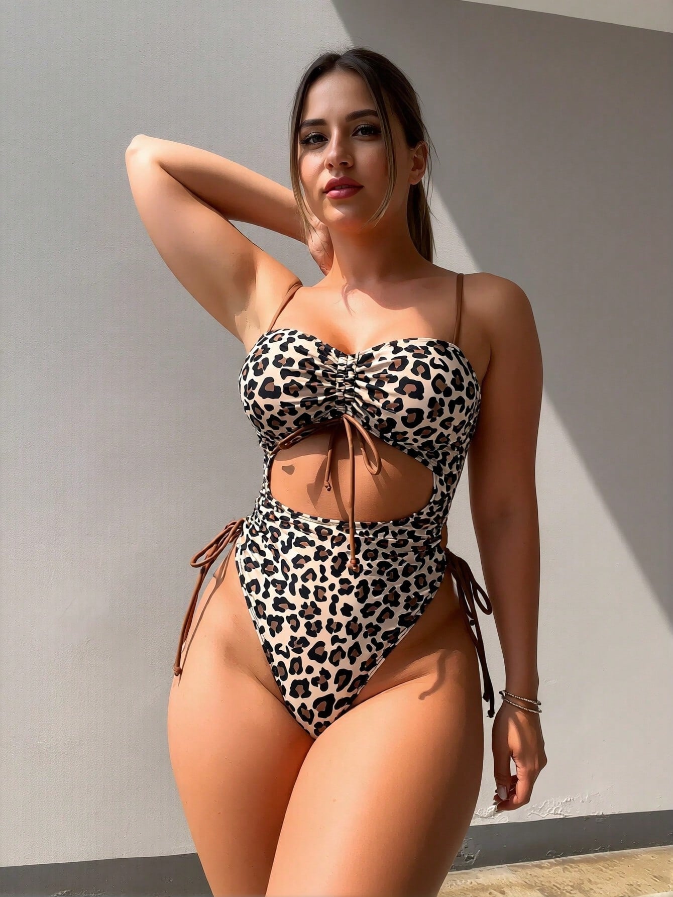 Leopard Print Cutout Drawstring One Piece Swimsuits For Women