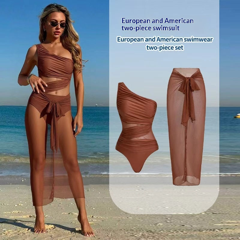 Mesh One-piece Swimsuit For Women European And American Style Tummy Covering And Figureflattering With A Wrap Skirt