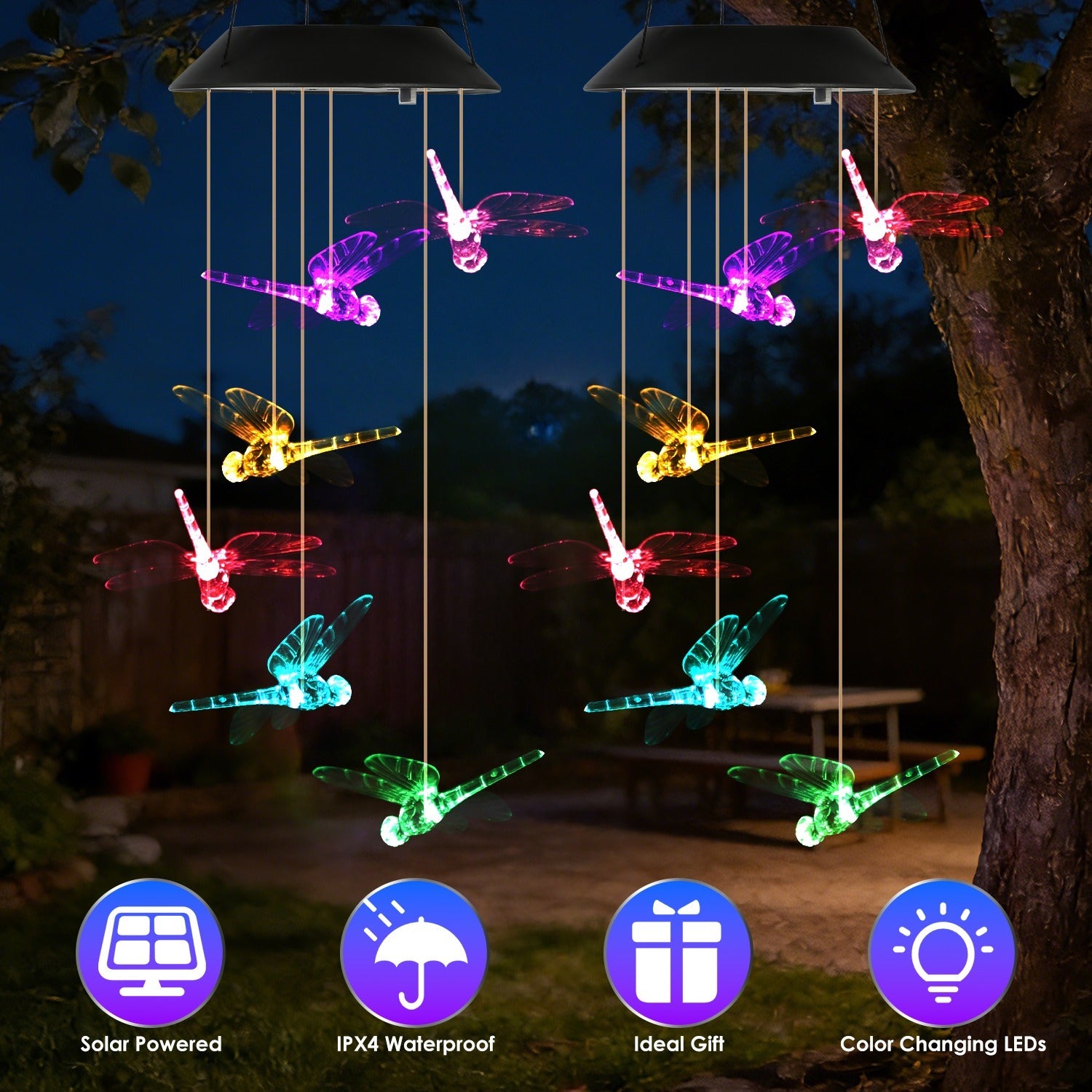 2 Pack Solar Wind Chimes Outdoor, Color Changing LED Dragonfly Hanging Lights, IPX4 Waterproof Garden Decor For Patio Yard Balcony Party Gift