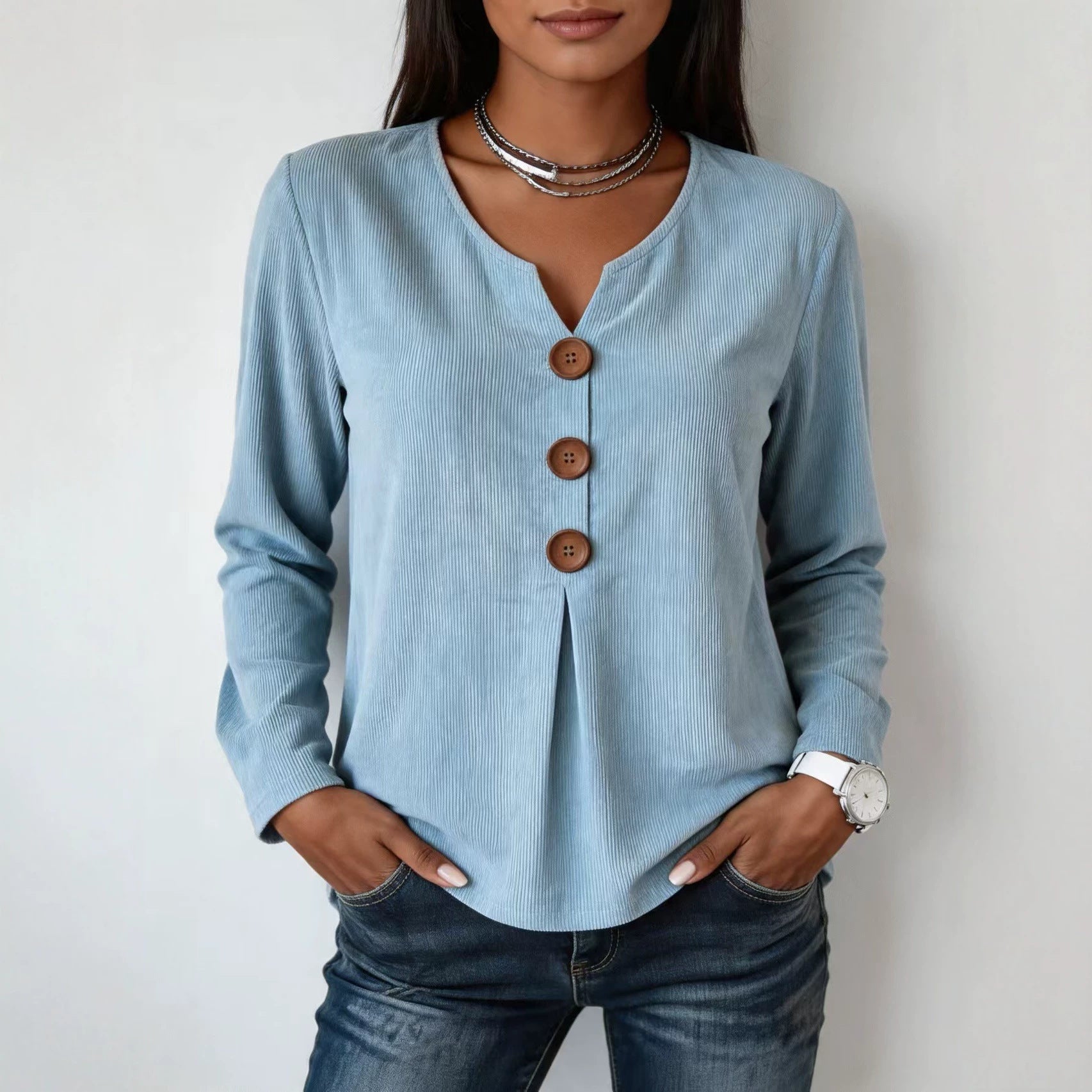 V-neck Buttoned Fashion Casual Long-sleeve Top