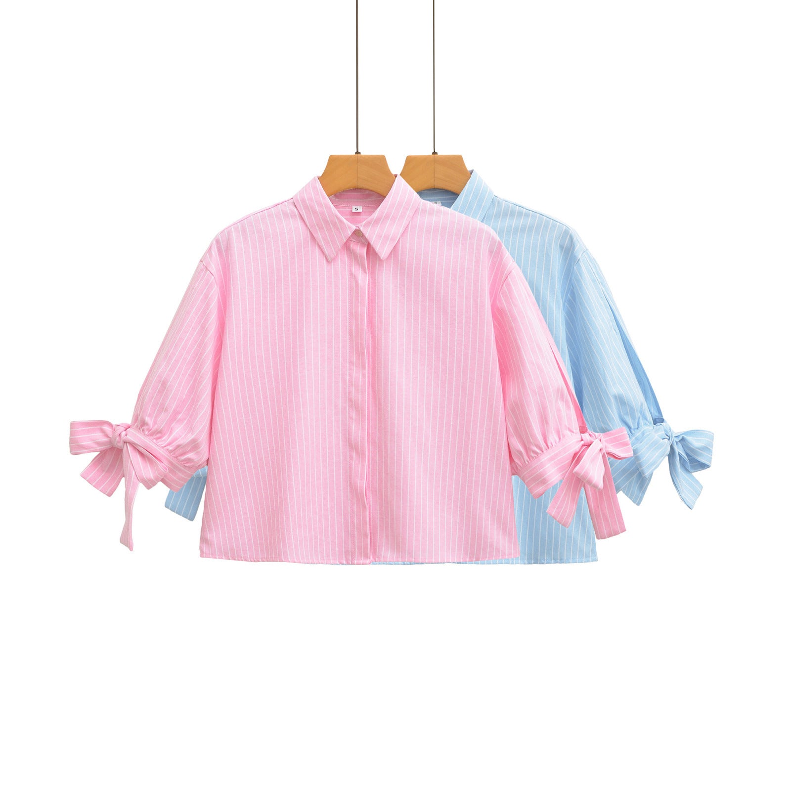 European And American-style Short Striped Blouse With A Bow Detail