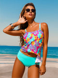 2026 New Floral Tankini, Contrast Asymmetric Hem & High Waist Bottom, Tummy Control Modest Two-Piece Swimsuit Swimsuits