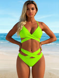 2026 New Neon Green Crisscross Wrap Bikini Set, V Neck Cut Out Two Piece Bathing Suit