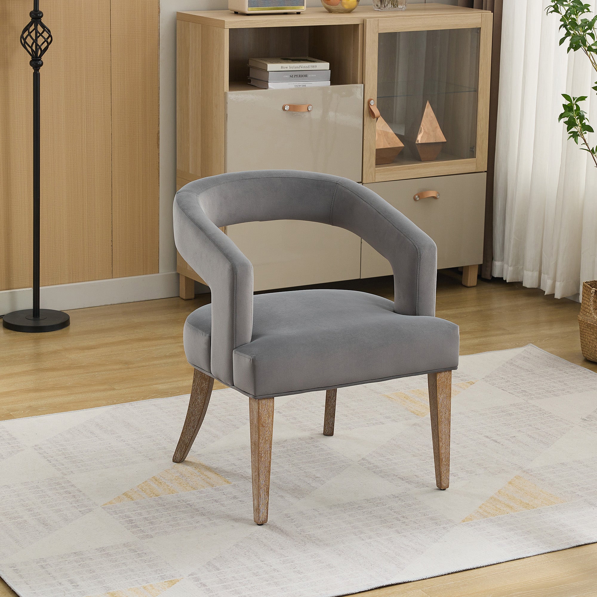 25.79  Wide Modern Barrel Open Back Upholstered Accent Chair With Weathered Solid Wood Legs Dining Chairs For Dining Room, Club, Kitchen And Living Room. Gray Velvet