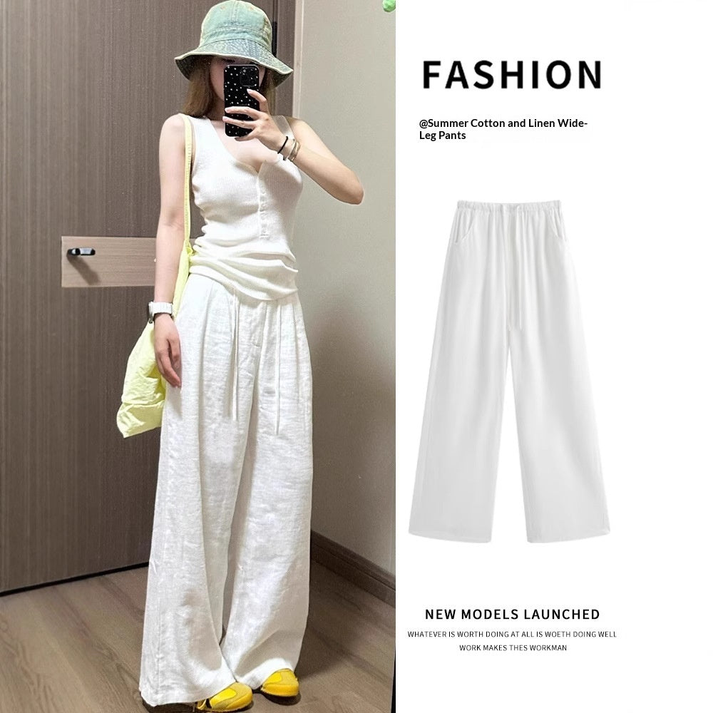 White Cotton-linen Wide-leg Viscose Floor-length Pants