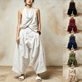 Cotton-linen Chic And Elegant Ruffled-neck Top Casual Set