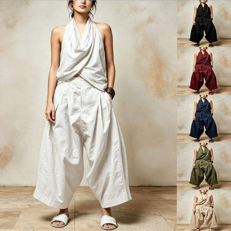 Cotton-linen Chic And Elegant Ruffled-neck Top Casual Set