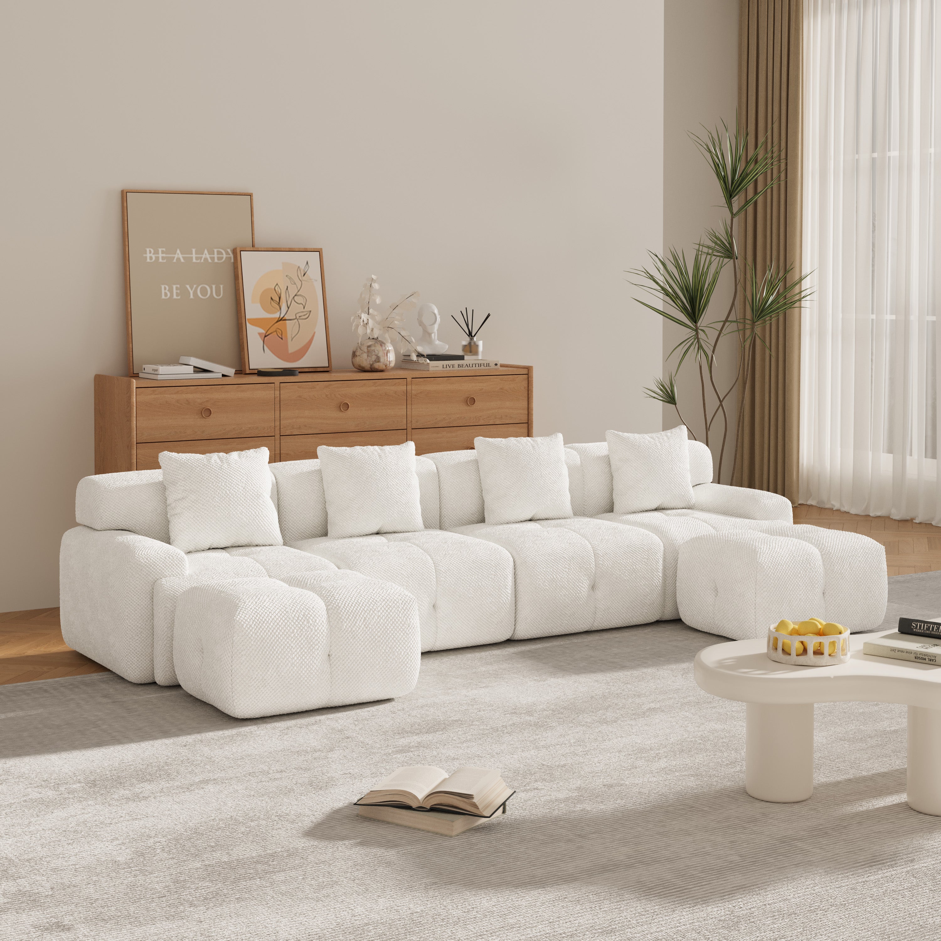 135.4  6-Piece U-Shaped Sleeper Modular Sectional Sofa Bed Chaise, Oversized 4-Seater Boneless Convertible Block Cloud Tufted Floor Corner Couch Set With 2 Ottomans & 4 Pillows For Living Room, Ivory
