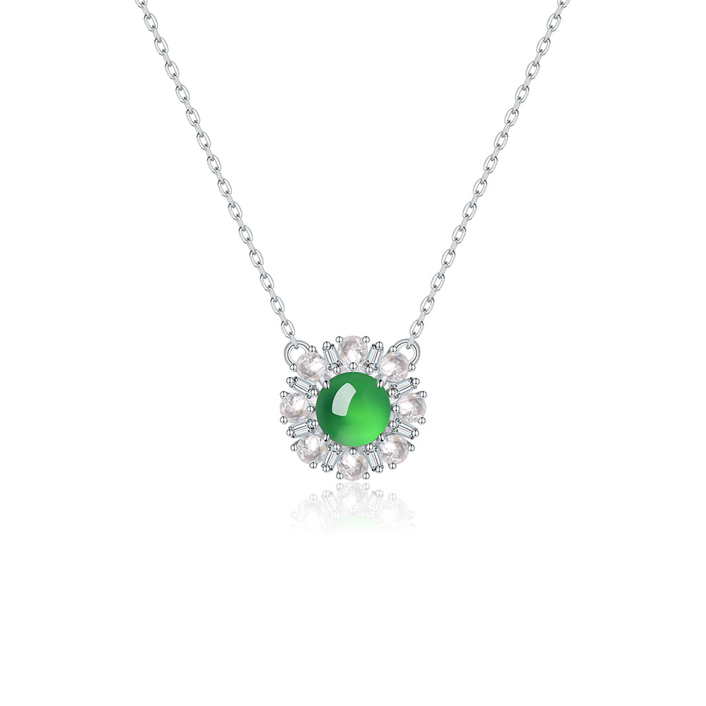 S925 Sterling Silver Necklace 45cm, 6mm Round Green Chrysoprase Pendant, Platinum Plated D Aisy Flower Jewelry For Women With Gift Box
