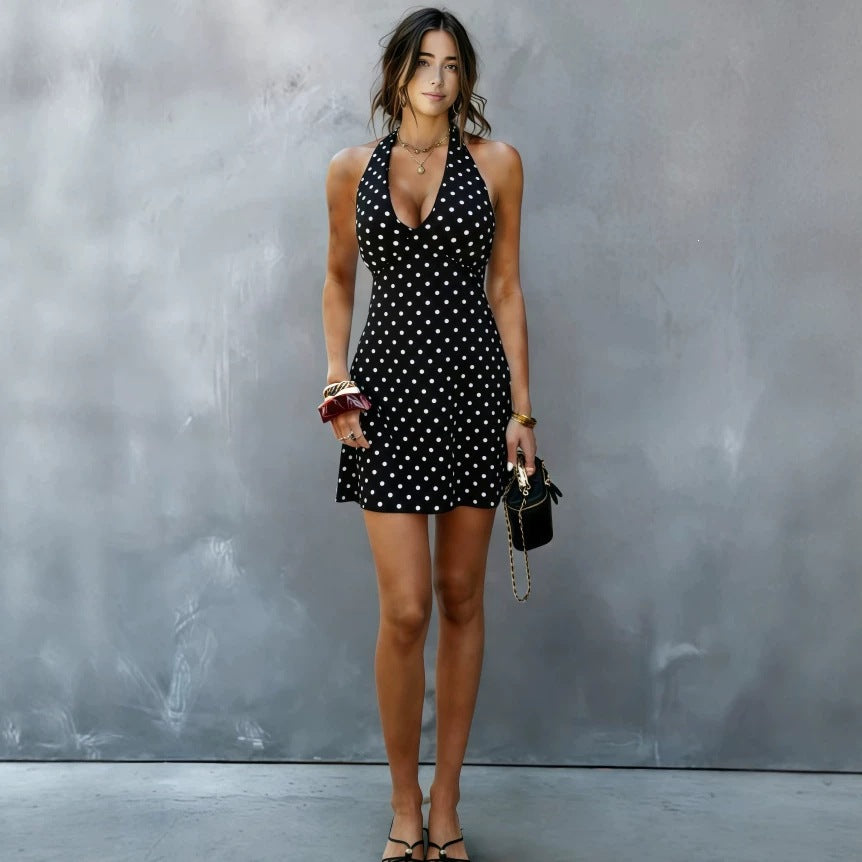 European And American-style Sexy Halter-neck Tube Top Deep-V-neck Polka-dot Dress