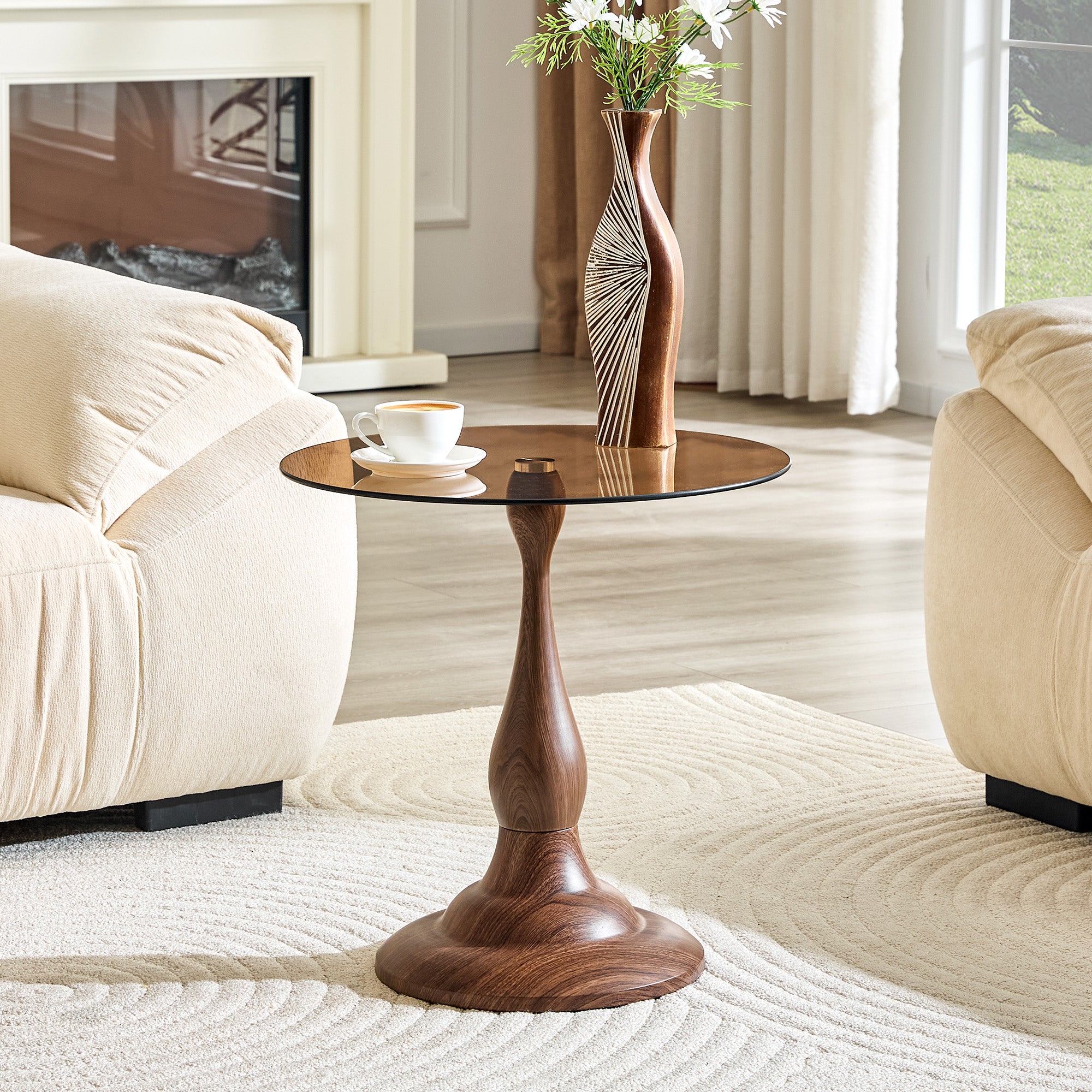 Small Metal Side Table With Walnut-grain Finish And A Round Metal Frame, Featuring A Glass Top With A Diameter Of Approximately 19.6 Inches. Ideal For Use Next To A Bed Or Sofa, In Living Rooms, Etc.