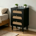 3-Drawer Nightstand With Woven Rattan Fronts And Built-in Power Outlet 15.75inx13.78inx23.82in Black