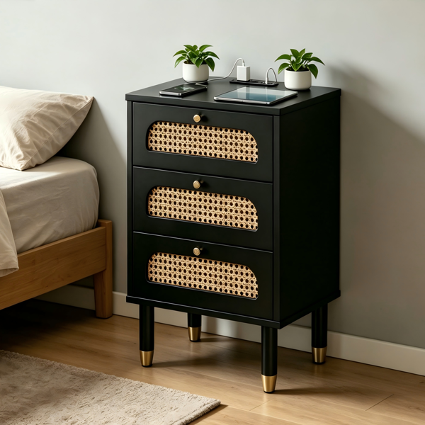 3-Drawer Nightstand With Woven Rattan Fronts And Built-in Power Outlet 15.75inx13.78inx23.82in Black