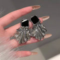 Bold Metal Fan & Black Square Earrings, Trendy Versatile European Style Jewelry
