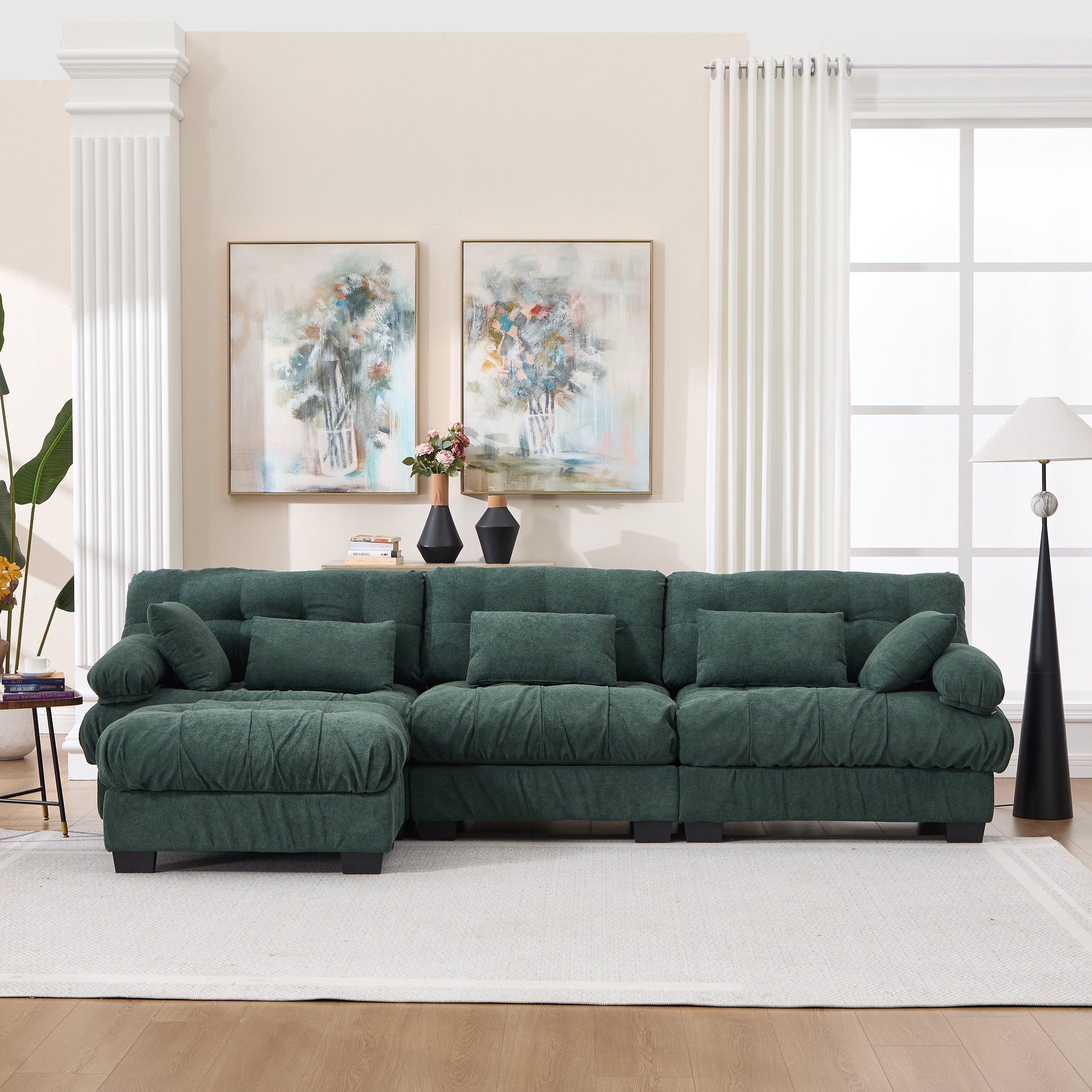 Modular Sectional Sofa,Cloud Couch, L Shaped Couch With Movable Ottoman, Modern Deep Seat Couches For Living Room, Oversized 3-Seater Sofa Comfy Advanced Flannelette Sofas For Bedroom,5 Pillows