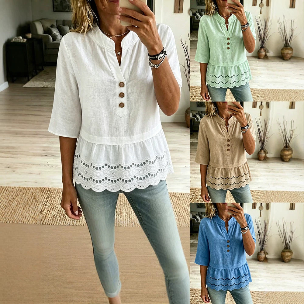 Womens Casual 78-sleeve V-neck Shirt