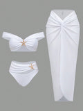 White Off Shoulder Starfish Decor Bikini Set With Twist Front Cover Up Skirt