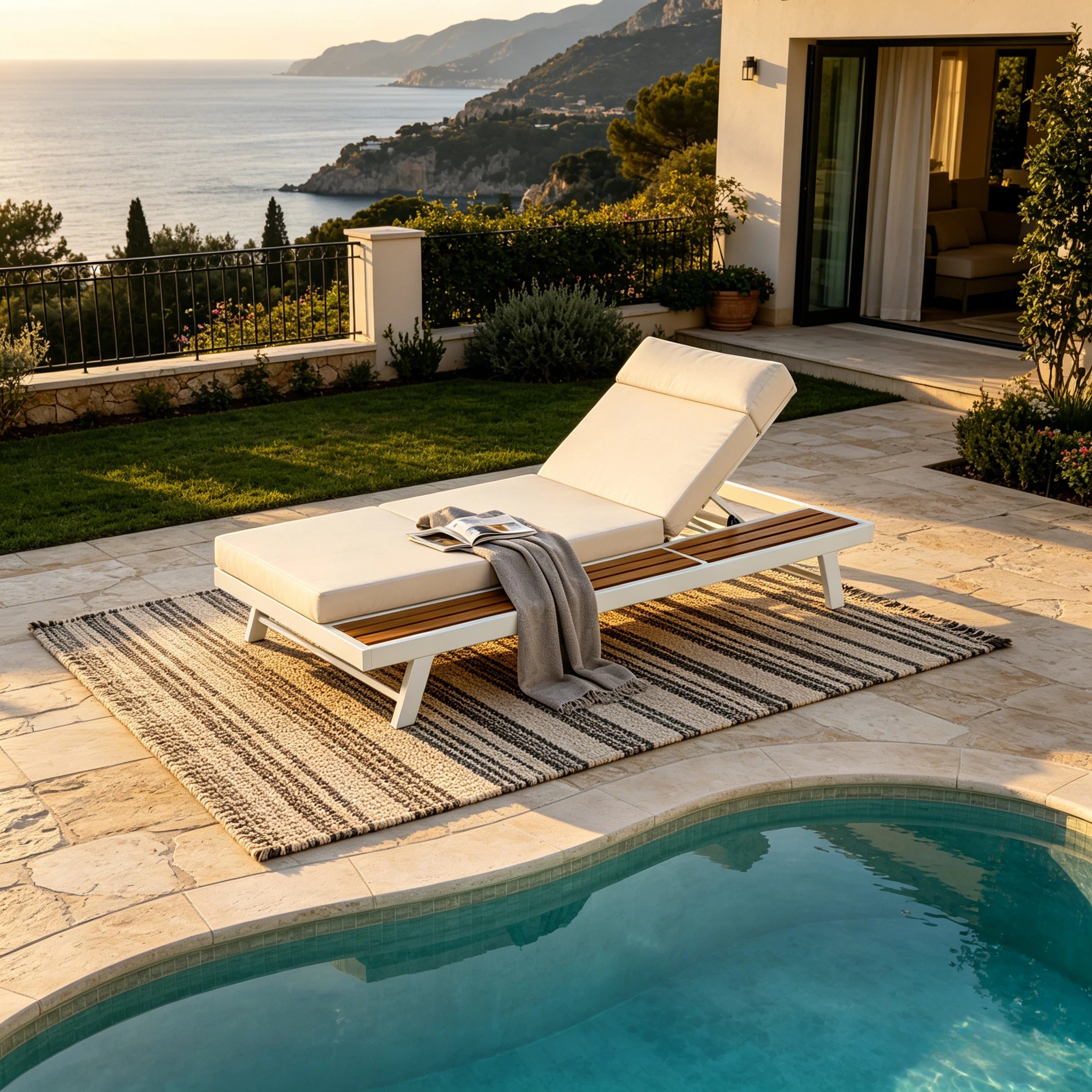 White Iron   Teak Finish Outdoor Chaise Lounge Set With Beige Cushion, 400 Lbs Capacity, 4  Thick 4-Fold Water-Resistant Cushion With Headrest, Adjustable Backrest With Flat Storage Surface For Patio