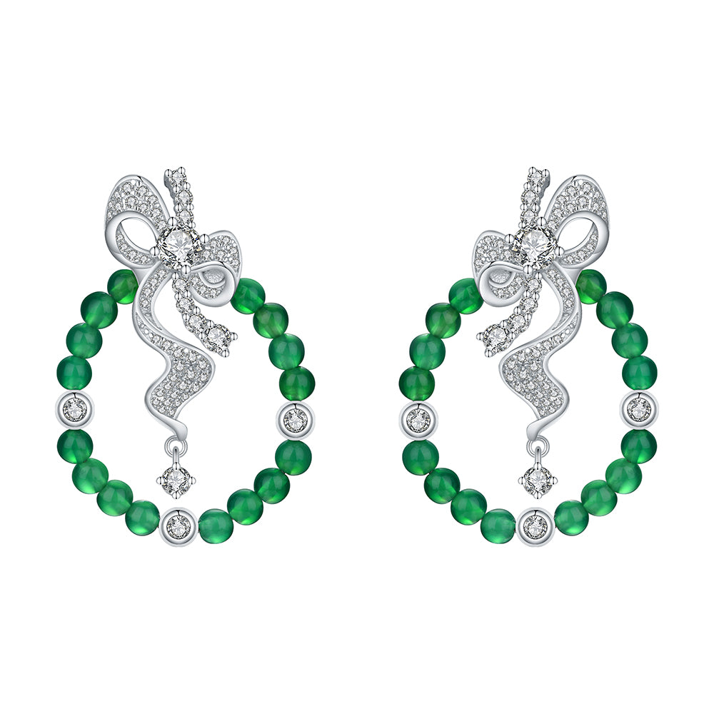 S925 Sterling Silver Bow Hoop Earrings, Round Green Chrysoprase Beaded Dangle Earrings, Platinum Plated 6.4g Elegant Jewelry Gift For Women With Box