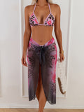 2026 New Sun Protection Pink Leopard Lily Print Bikini Set Halter Triangle Top + Mesh Slit Maxi Skirt Vacation Swimwear