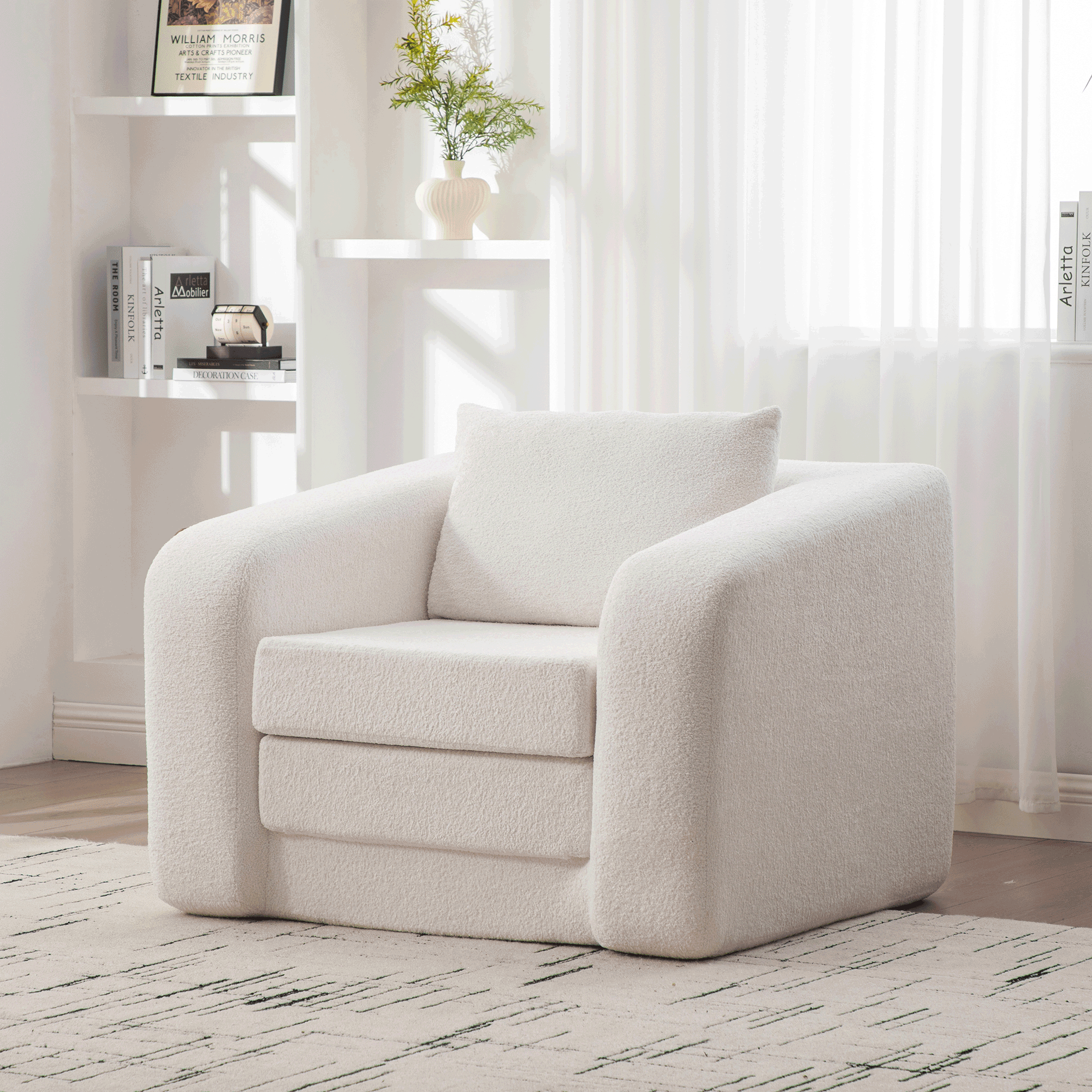 40  Foldable Single Sofa Bed With Armrest & Backrest, Convertible Chenille Boneless Cloud Floor Mattress Sleeper Lounge Accent Chair With Pillow For Apartment Living Room Bedroom Dorm Guestroom, Ivory