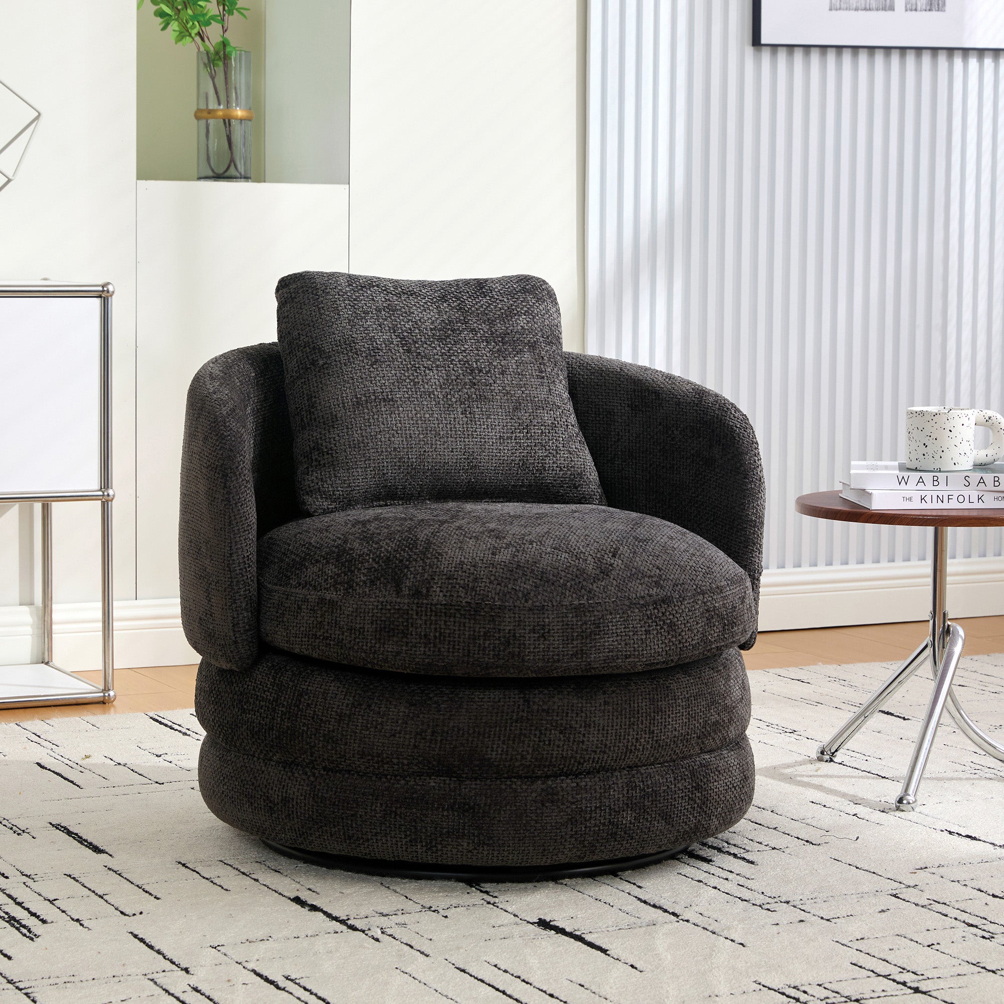 30 W Modern Round 360 Swivel Barrel Accent Chair With Pillow, Chenille Upholstered Comfy Barrel Armchair Single Club Sofa Chair For Living Room,Bedroom, Reading Room, Balcony, Lounge, Dark Gray