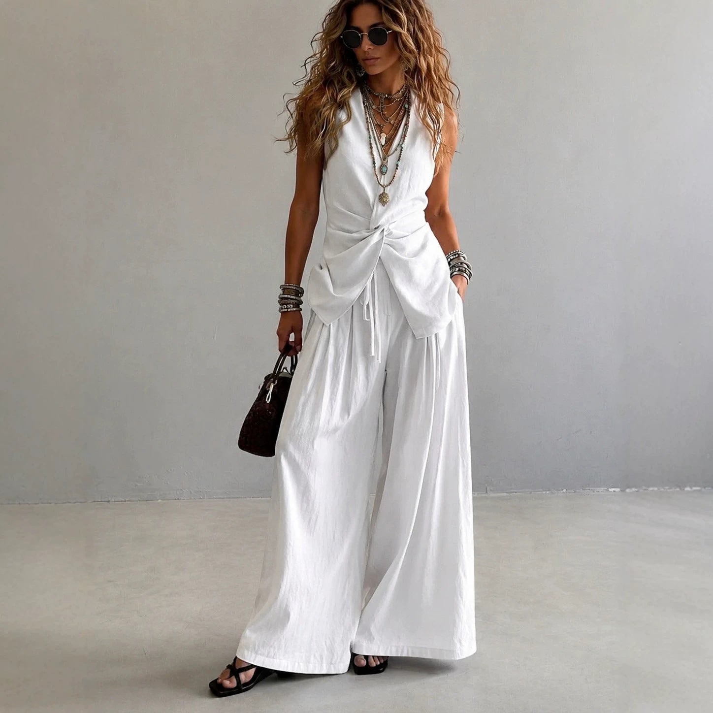 Sleeveless Lace-up Vest And Wide-leg Pants Two-piece Set