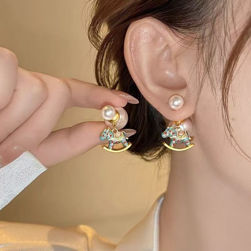 2026 Year Of The Horse Pearl & Enamel Horse Earrings, Light Luxury Niche Autumn Winter Jewelry