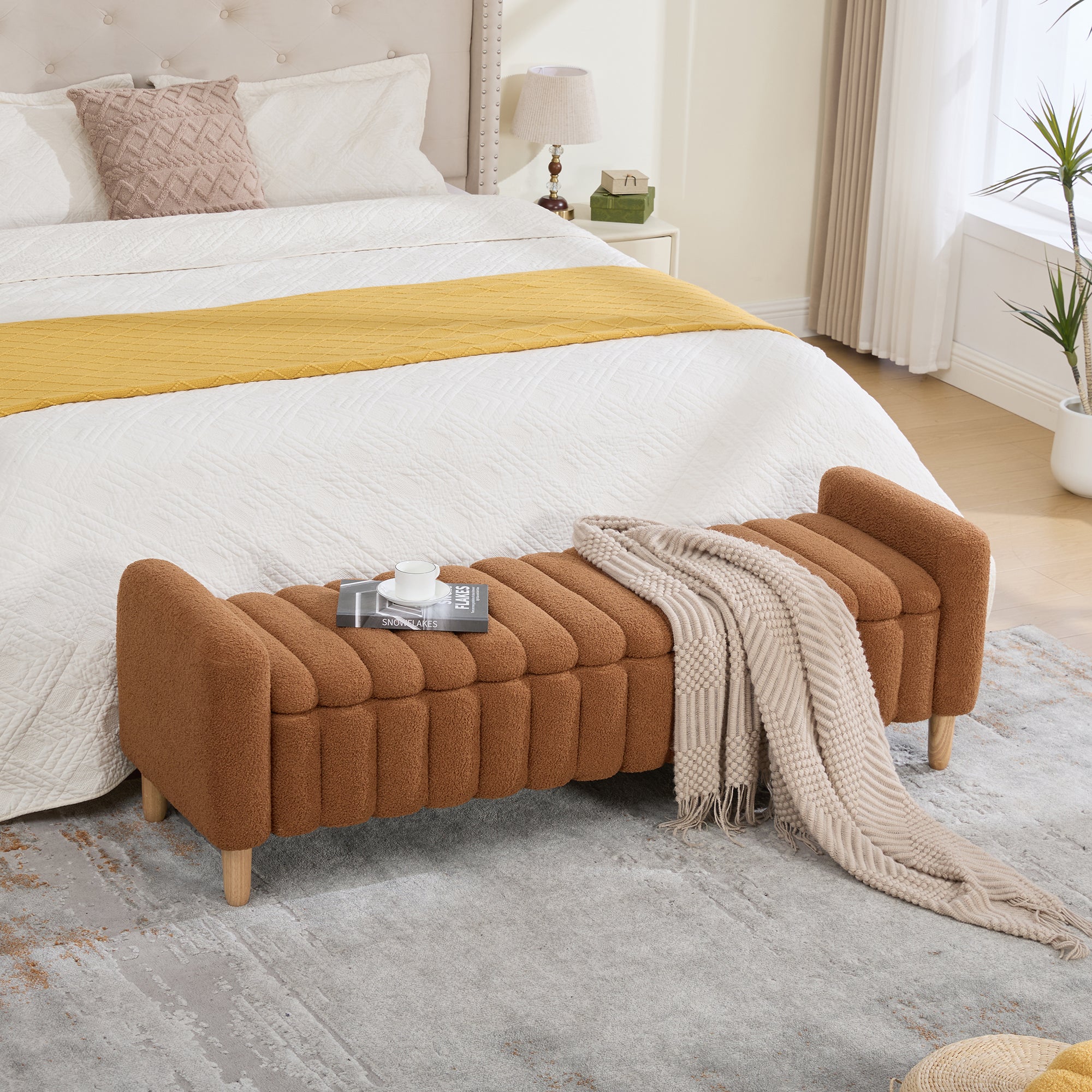 63.4 W Modern Upholstered End Of Bed Bench, Wave Channel Tufted Flip-Top Storage Accent Window Footrest Stool With Armrests & Solid Wood Legs For Bedroom Entryway, Dining Room, Living Room, Caramel