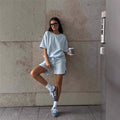 Womens Loose-Fit Pullover Short-Sleeve T-Shirt Sports Shorts Set
