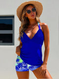 Royal Blue Smocked V Neck Palm Tree Print Tankini Swimsuits