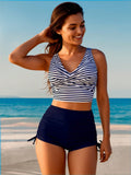 2026 New Navy & White Stripe Two-Piece Swimsuit, Twist Deep V & High Waist Boyshorts, Plus Size Slimming Beachwear