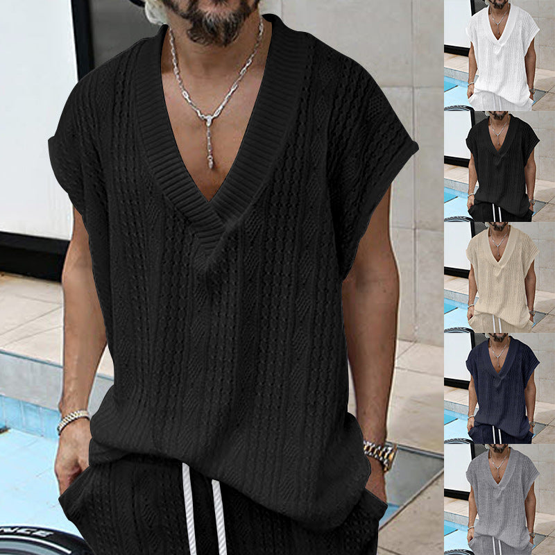 Sleeveless Mens Casual V-neck Loose-fit Jacquard T-shirt