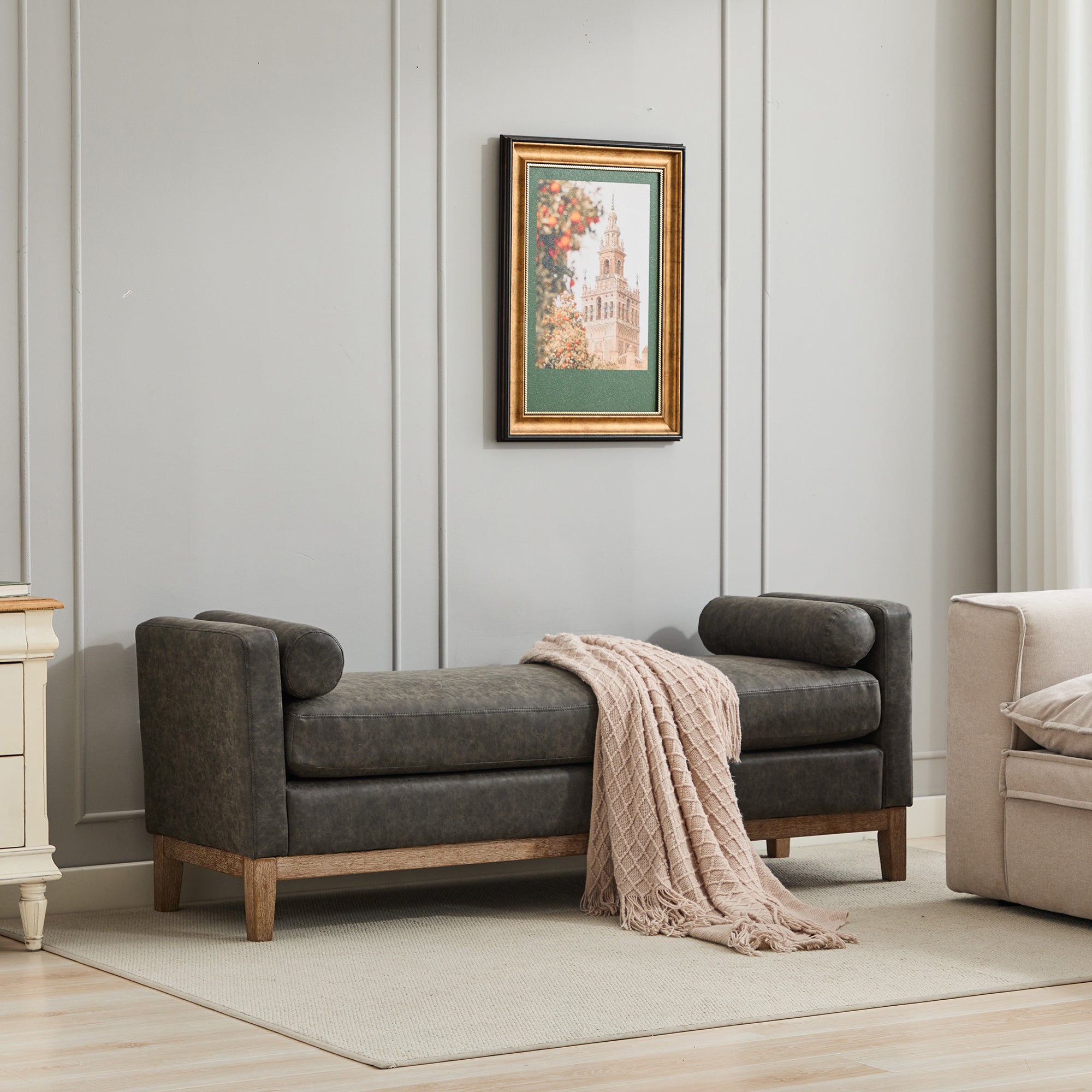 66.34 W Upholstered End Of Bed Bench With Weathered Finish Wood Frame, Daybed, Footrest Stool Ottoman With Arms & Wood Legs & 2 Bolsters For Bedroom, Window, Living Room, Entryway, Hallway, Gray PU