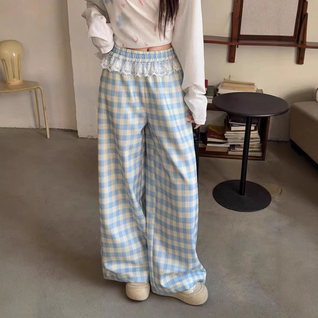 Womens Relaxed-fit Blue Plaid Straight-leg Casual Pants
