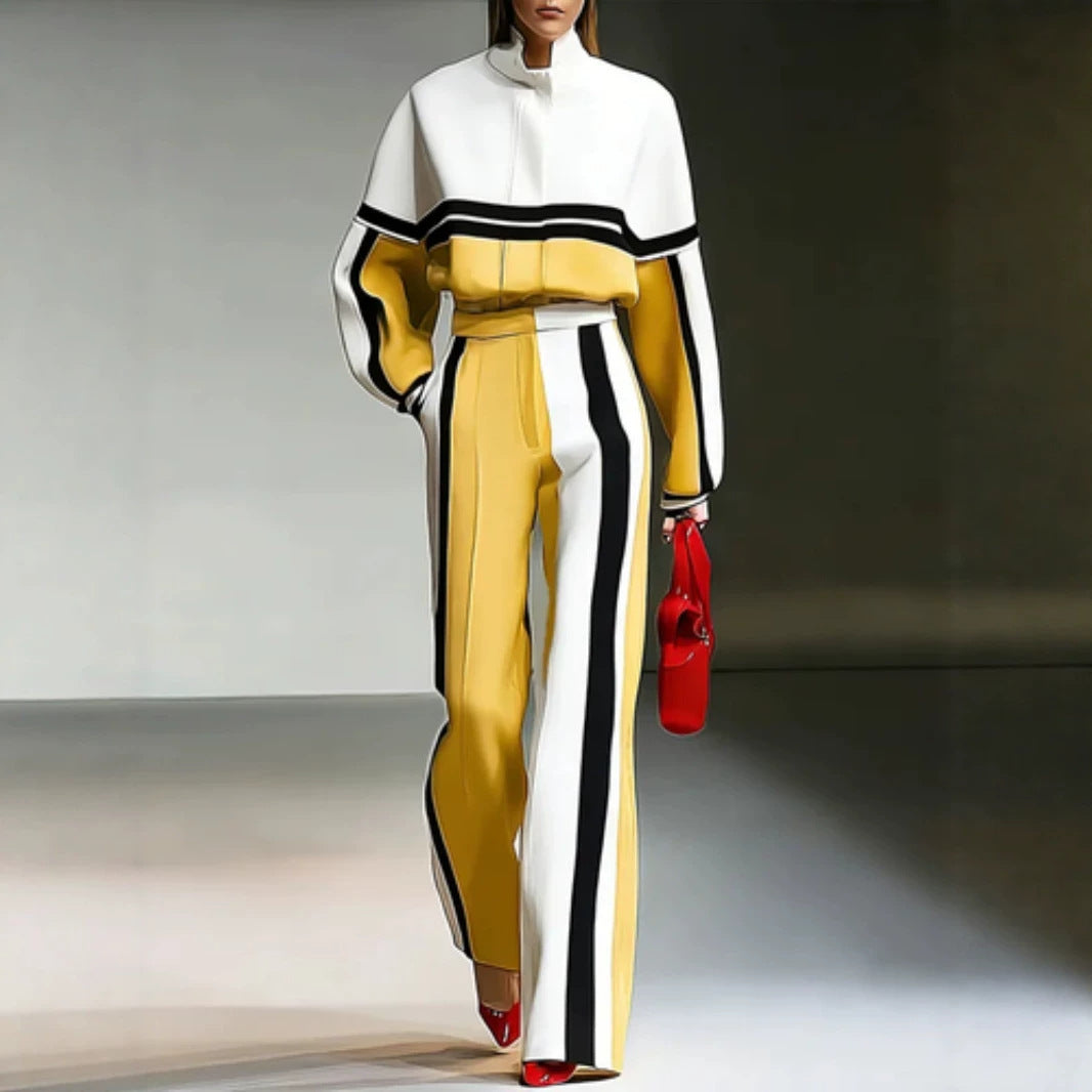 Color-block Sporty Hoodie And Wide-leg Pants Set