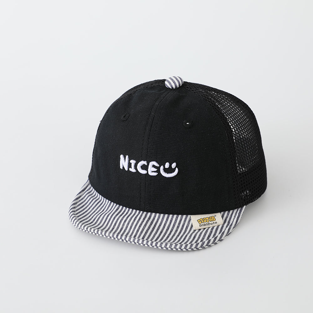 The New Children's Embroidered Letter Smiling Face Striped Soft Brim Net Fabric Breathable Baseball Cap Is Suitable For Babies' Daily Activities.