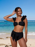 2026 New Women's Sexy Fashion Black Ruffled V-Clip Bow Two-Piece Swimsuit For Vacation & Leisure