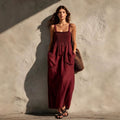 Olive Green Cotton-Linen Strap For Women Loose-Fitting Slimming Long Dress In A Vacation Style