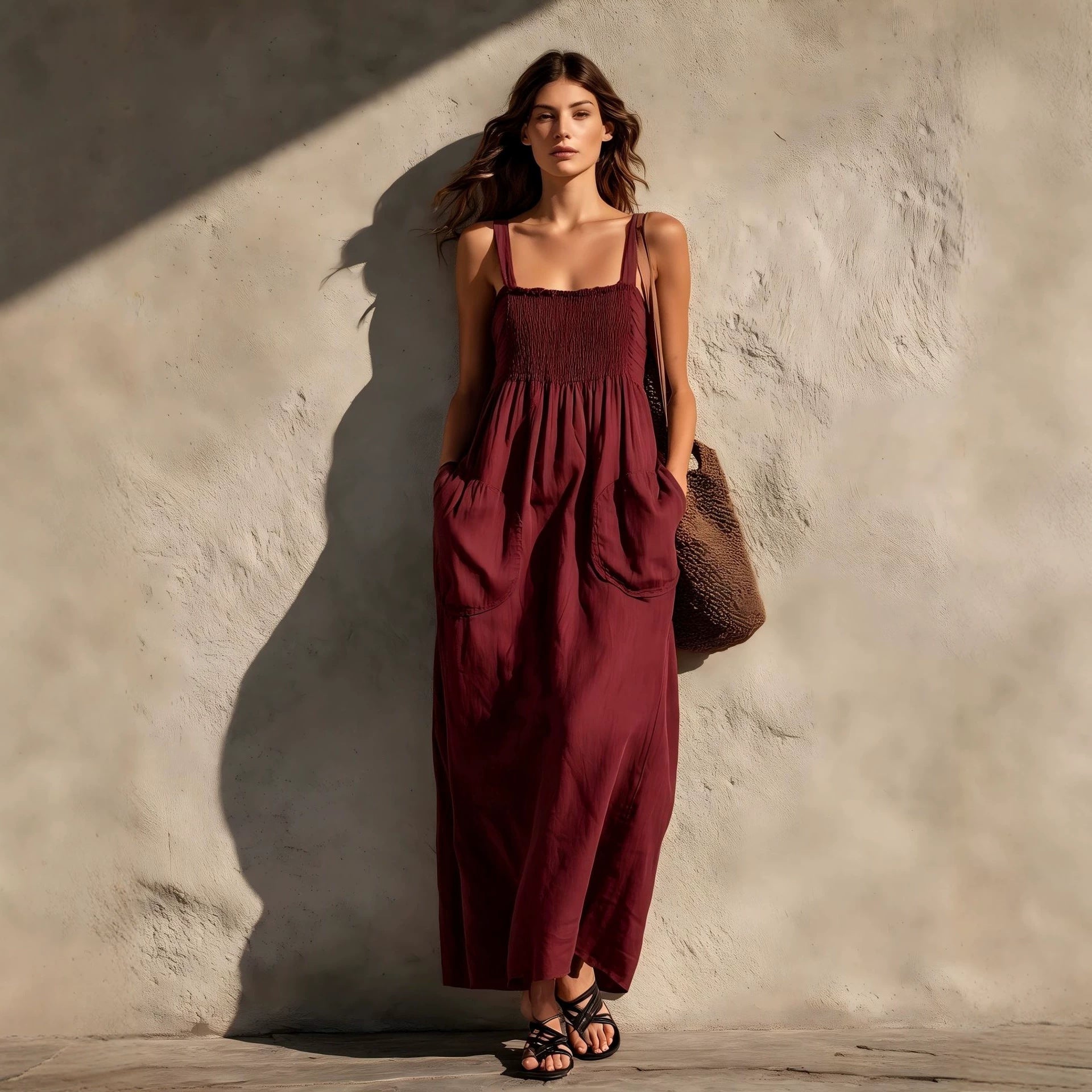 Olive Green Cotton-Linen Strap For Women Loose-Fitting Slimming Long Dress In A Vacation Style