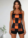 2026 New Orange & Black Checkerboard Print Two-Piece Swimsuit, Sleeveless Longline Tank With Boyshorts