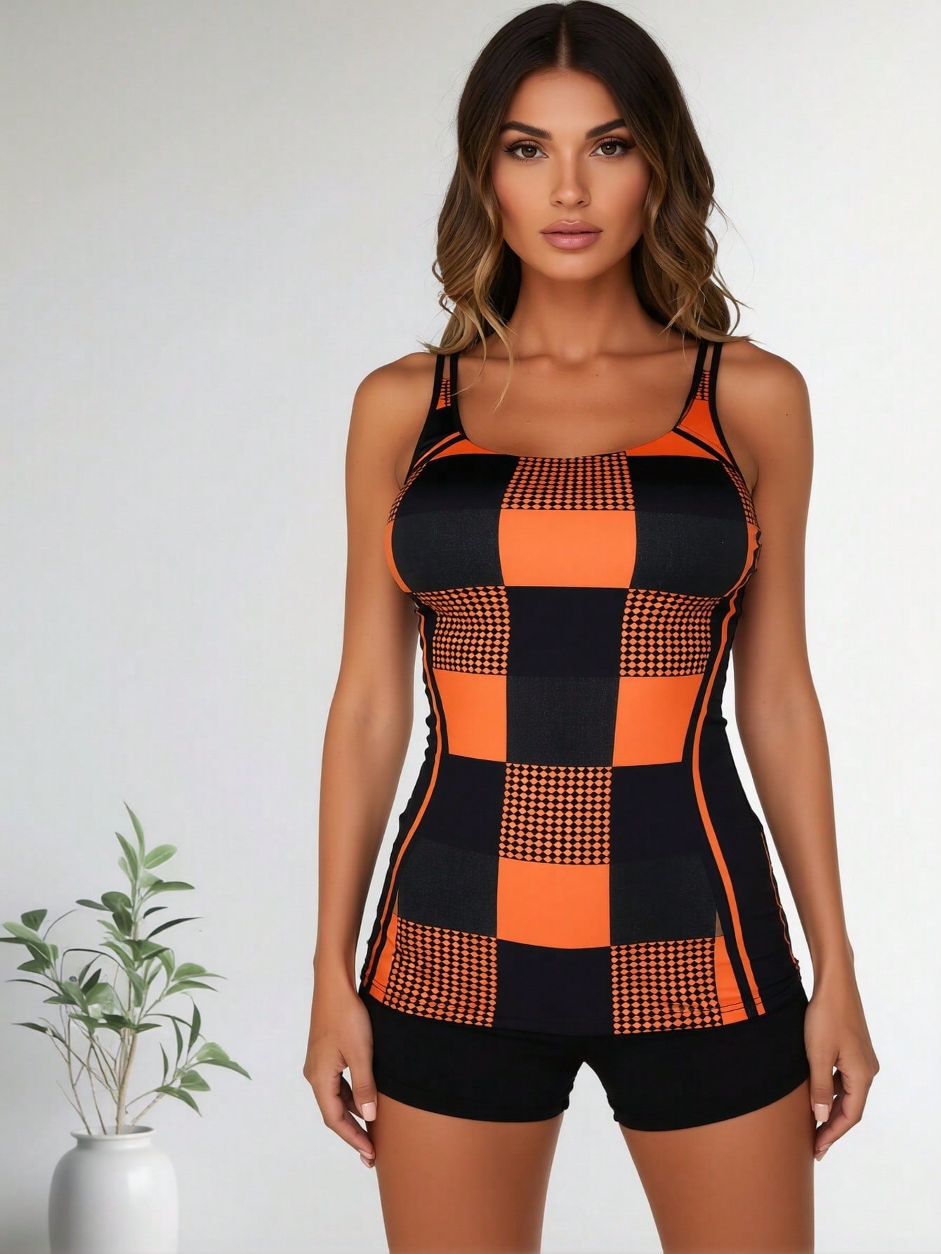 2026 New Orange & Black Checkerboard Print Two-Piece Swimsuit, Sleeveless Longline Tank With Boyshorts
