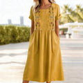 Womens Embroidered Crew-Neck Cotton-Linen Pinafore Dress