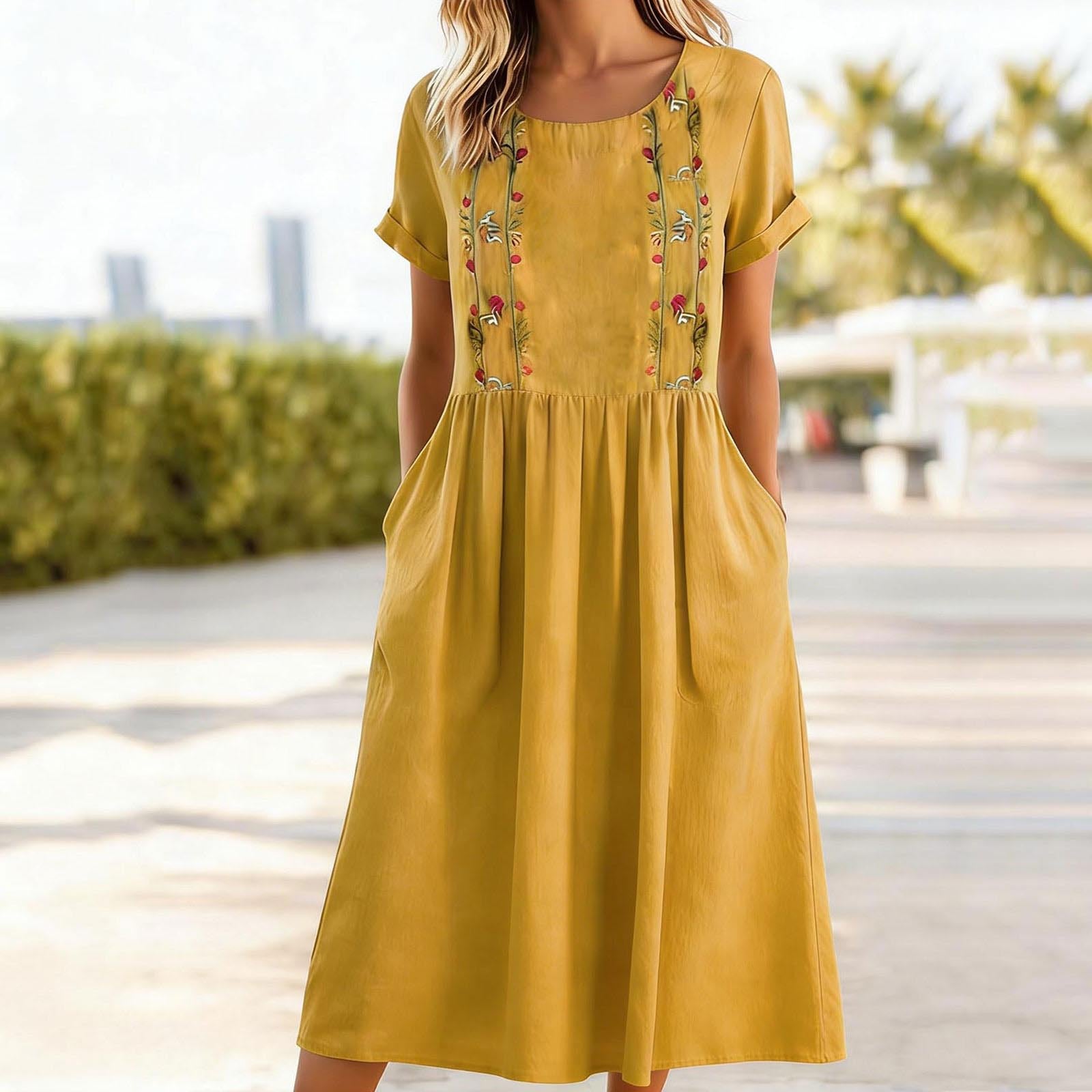 Womens Embroidered Crew-Neck Cotton-Linen Pinafore Dress