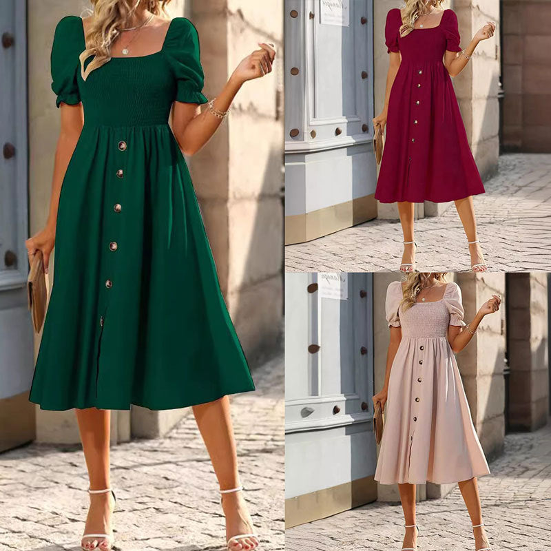 Womens Square-neck Pleated Short-sleeve Dress With Buttons
