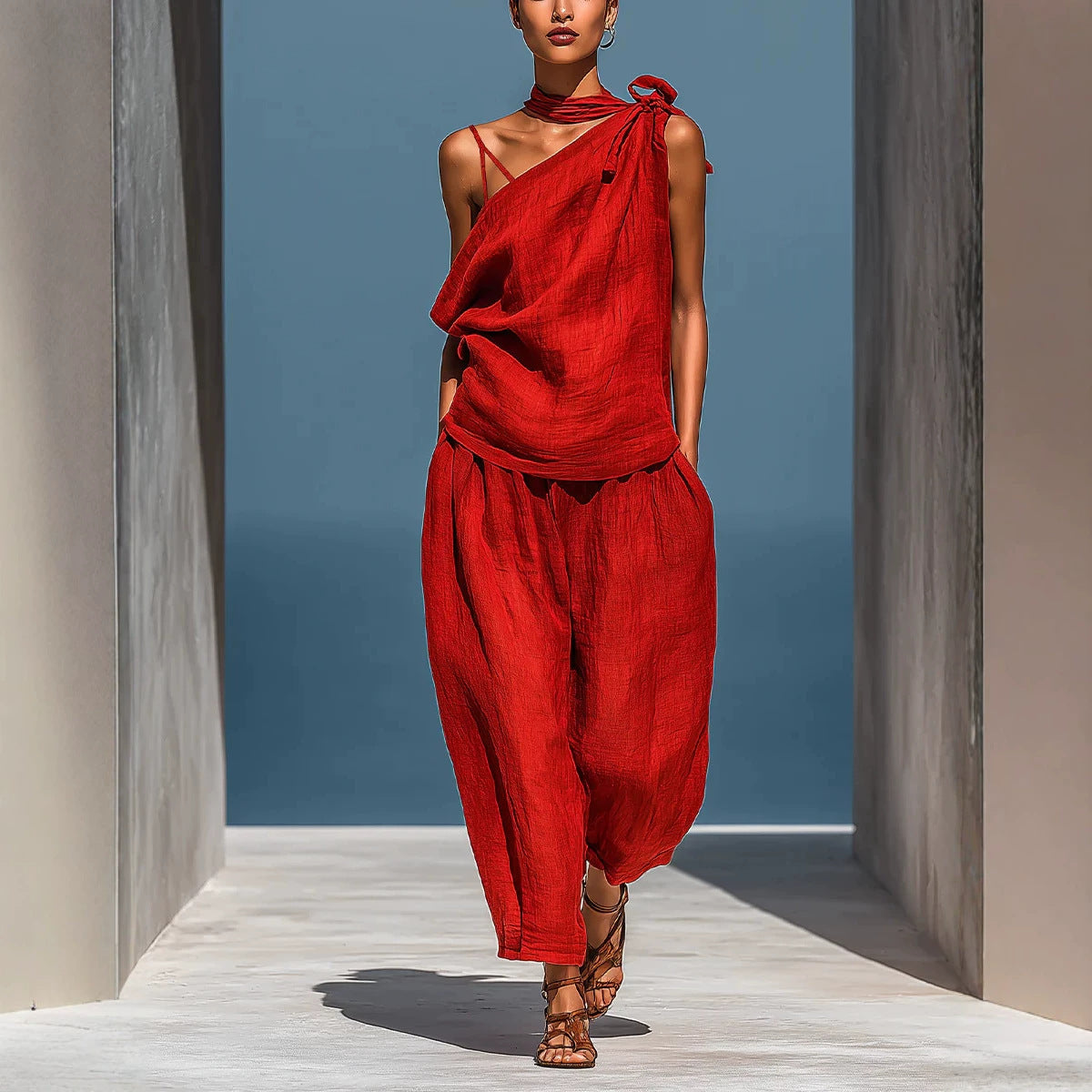 Dropped-shoulder Top And Loose-fitting Wide-leg Pants Set