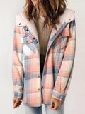 New Women's Fleece-lined Plaid Print Long-sleeved Hooded Jacket With Pockets, Perfect For Autumn And Winter.