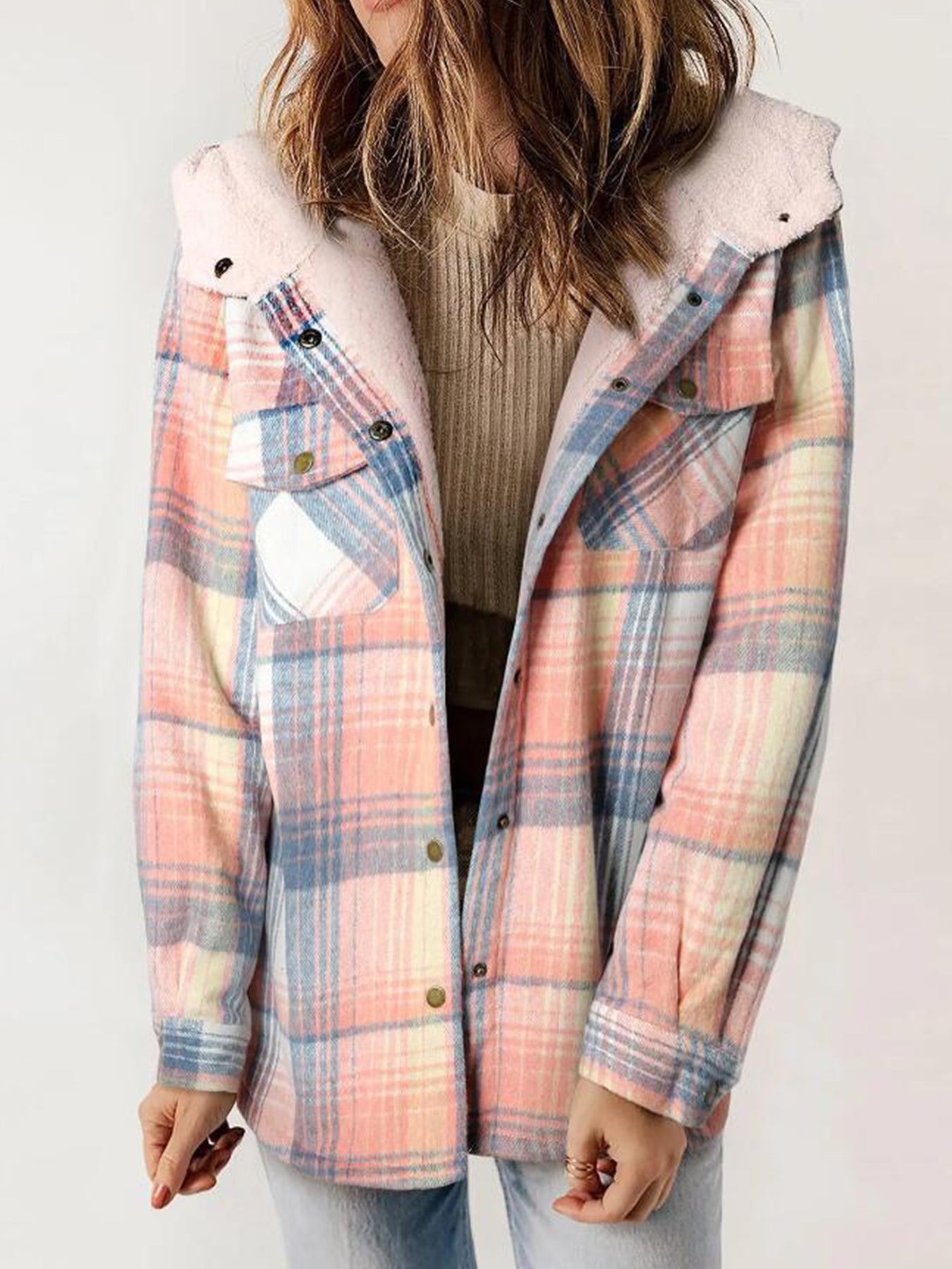 New Women's Fleece-lined Plaid Print Long-sleeved Hooded Jacket With Pockets, Perfect For Autumn And Winter.