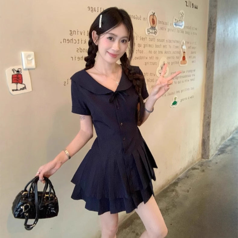 Navy Blue Doll-collar Short-sleeve Dress